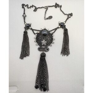 TS Paris Gunmetal Filigree Statement Necklace Black Rhinestone Tassel Gothic Y2K